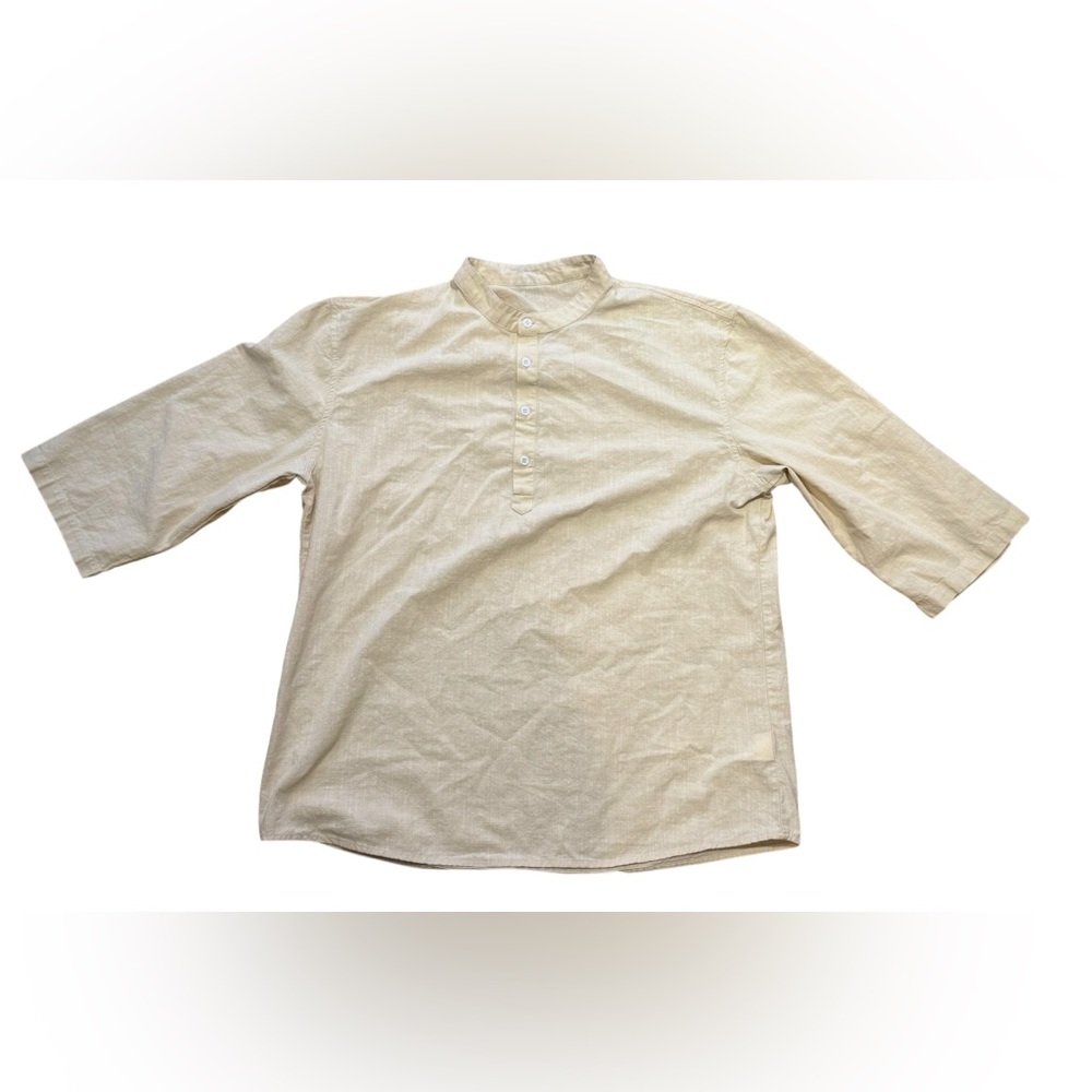 Linen Blend Henley Pullover Shirt in Beige Size Large